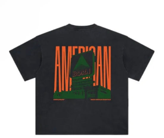 Graphic black t-shirt featuring "AMERICAN" in orange.